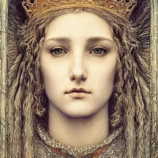 Image similar to detailed realistic beautiful young medieval queen face portrait by jean delville, gustave dore and marco mazzoni, art nouveau, symbolist, visionary, gothic, pre - raphaelite