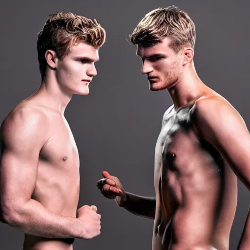 Image similar to a realistic detailed photo of a guy who is an attractive humanoid who is half robot and half humanoid, who is a male android, soccer players martin ødegaard & timo werner, shiny skin, posing like a statue, blank stare, in a living room, on display, showing off his muscles, gold soccer shorts, side view