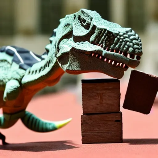 Prompt: a dinosaur playing jenga