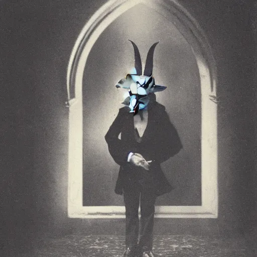 Image similar to Photo of a goat-headed victorian-style magician in a dimly lit room of a gothic castle