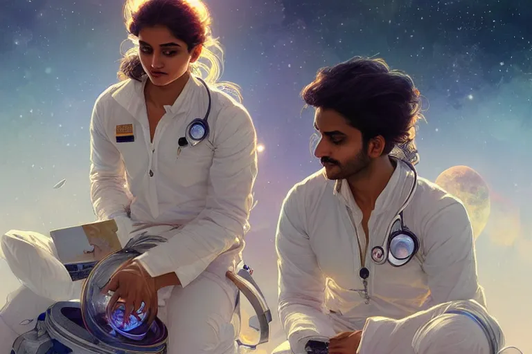 Image similar to Sensual good looking pale young Indian doctors wearing jeans in a space station above Earth, portrait, elegant, intricate, digital painting, artstation, concept art, smooth, sharp focus, illustration, art by artgerm and greg rutkowski and alphonse mucha