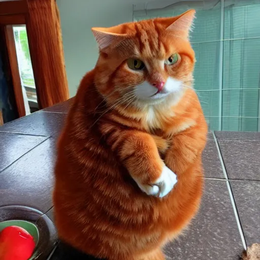 Image similar to Peter the chonky ginger cat trying to steal food