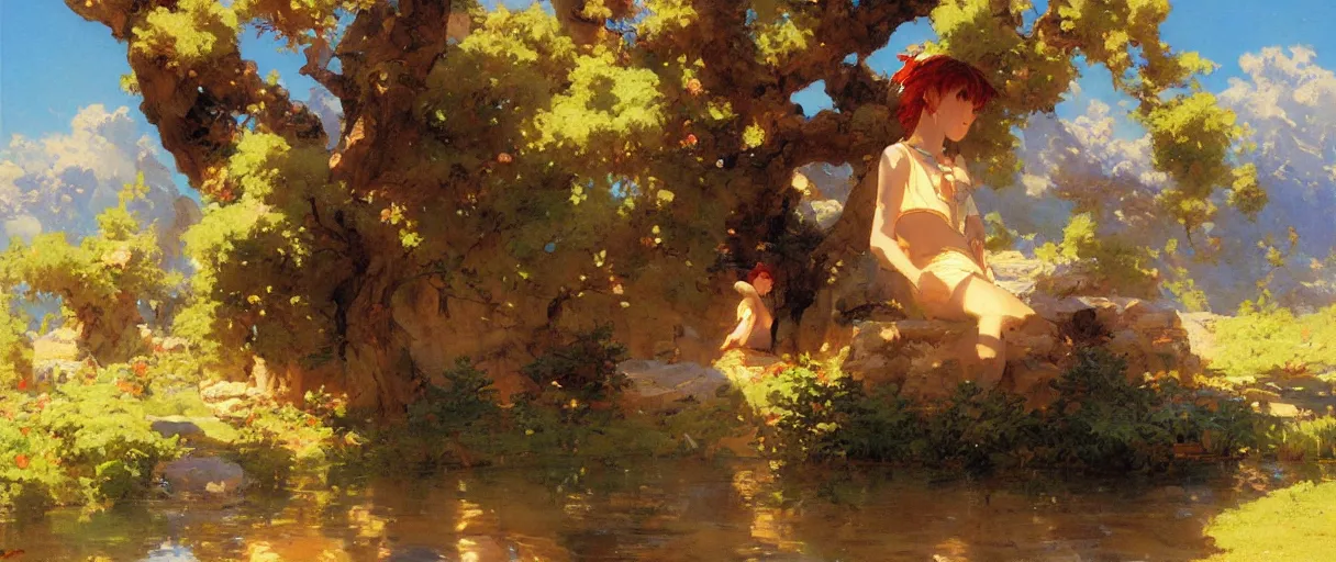 Image similar to cute anime landscape painting by gaston bussiere, craig mullins, j. c. leyendecker