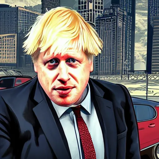 Prompt: Boris Johnson in GTA V, cover art by Stephen Bliss, boxart, loading screen