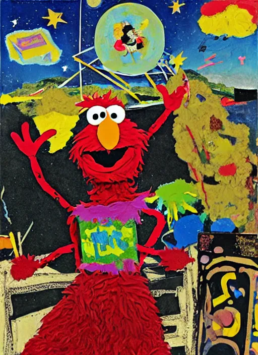 Image similar to expressionistic decollage painting, trash can tarot card fool with sesame street elmo and kermit muppet knight on a horse in a dark red cloudy night sky with golden foil jewish stars, mountain lake and blossoming field in background painted by adrian ghenie, francis bacon, daniel richter and hilma af klint, pixel art, buff painting, low effort graffiti, rich deep colors, ultra naive, children painting, 8k, extreme detail, masterpiece