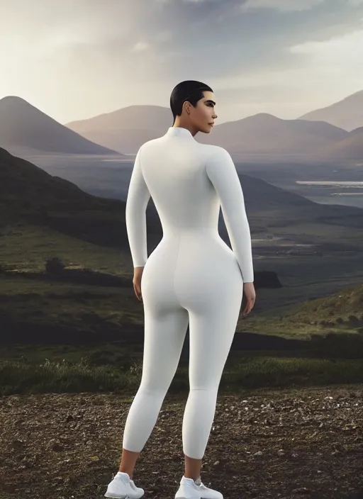 Image similar to kim kardashian, centered full body rear-shot, pov from rear, in white sportswear, real photo, photoshooting, studio light, Irish mountains background, intricate, epic lighting, cinematic composition, hyper realistic, 8k resolution, unreal engine 5