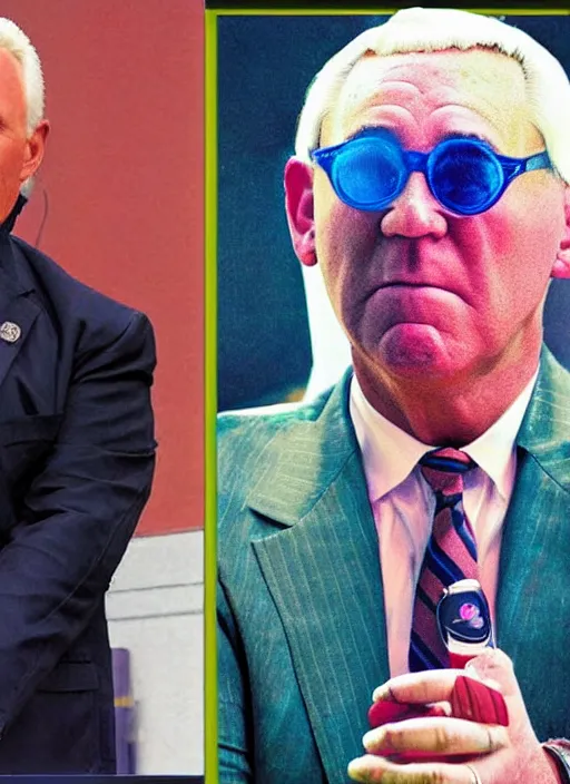 Prompt: old alex jones on the stand in court by lisa frank, smaller picture of roger stone