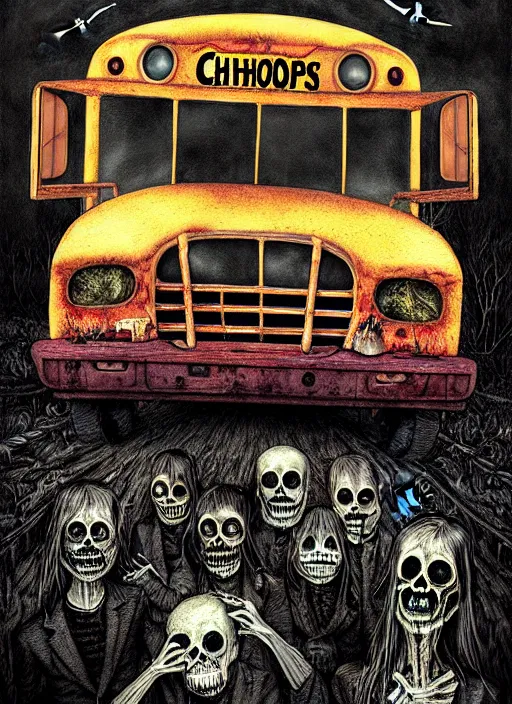 Prompt: painting of a spooky school bus murder, horror goosebumps, award winning digital art by tim jacobus and santiago caruso, sharp colors