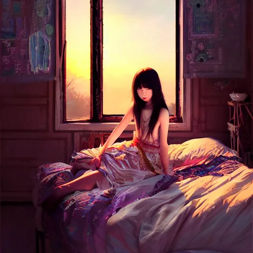 Image similar to beautiful young girl in intricate clothing by ross tran, sleeping in a messy bedroom designed by joanna gaines, at sunset, painted by sana takeda, reflections, very high intricate details, painting by liu xiaodong, digital anime art, medium shot, mid - shot, composition by ilya kuvshinov, lighting by greg rutkowski