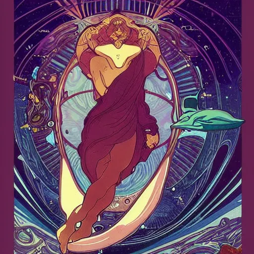 Prompt: a dolphin, astral projection, astral travel, space background, cinematic, detailed, very realistic, by Alphonse Mucha, Moebius, Laurie Greasley