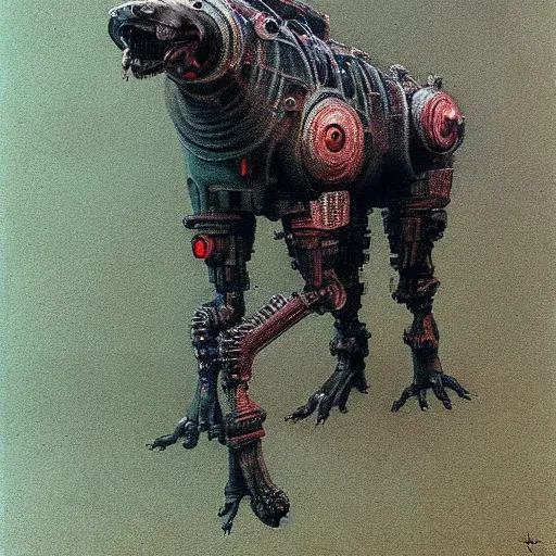 Image similar to hyena robot, cyberpunk, highly detailed quadrupedal cyborg, beksinski style, very detailed painting