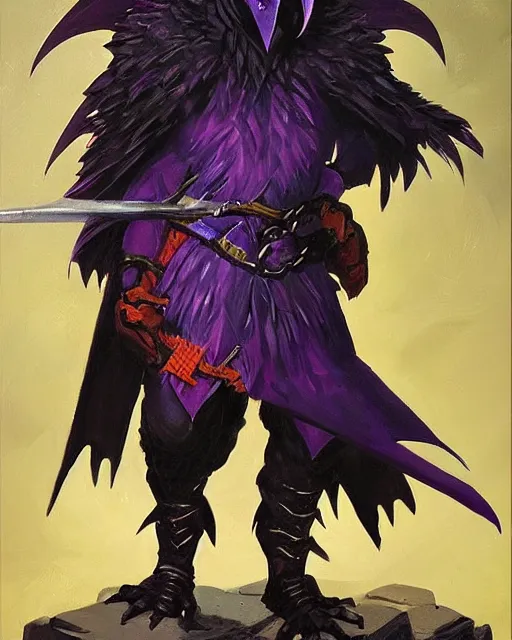 Prompt: dnd kenku person. epic dungeons and dragons armored raven character. oil on canvas featured by keith parkinson 1 9 8 5. cinematic, dynamic composition. realistic facial features and expression.