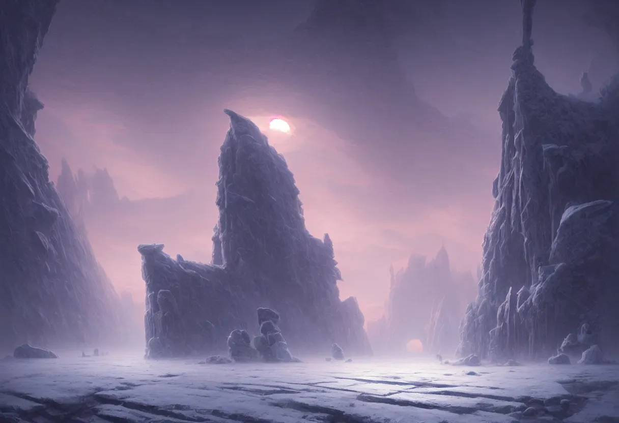 Image similar to strange surface of another frozen winter planet at sunset ruins of ancient civilization at sea, ultra high definition, ultra detailed, symmetry, fog, matte painting, by greg rutkowski and ross tran and wlop