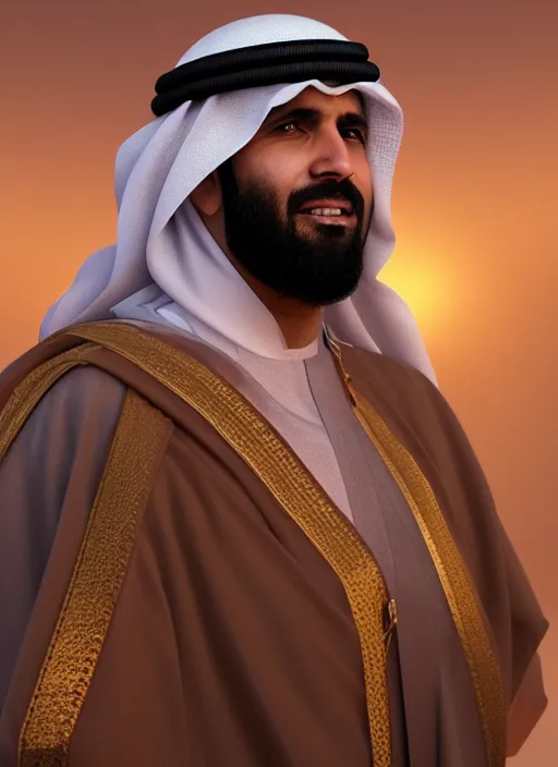 Image similar to portrait of sheikh mohammad ruler of dubai, trending in artstation, cinematic lighting, studio quality, smooth render, unreal engine 5 rendered, octane rendered, art style by klimt and nixeu and ian sprigger and wlop and krenz cushart.