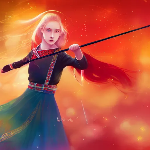 Image similar to colorful and festive captivating teenager girl with blonde hair, red japanese traditional clothes, shooting a firework with bow and arrow at the sky. rich vivid colors, ambient lighting, dynamic lighting, 4 k, atmospheric lighting, painted, intricate, highly detailed by charlie bowater