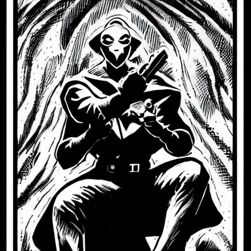 Prompt: A smug thief. Dark Fantasy, Film Noir, Black and White. High Contrast, Mike Mignola, D&D, OSR