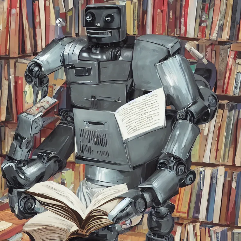 Prompt: a vicious killer robot reading a book