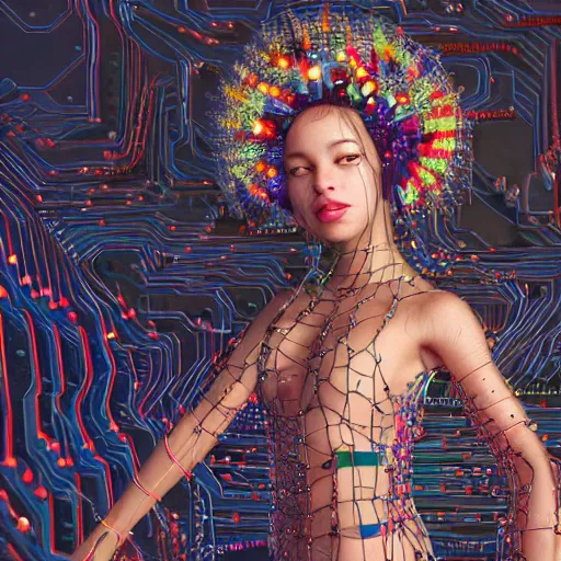 Image similar to give me a higher love, piles of modular synth cables, kawaii puerto rican goddess swimming up wearing a headpiece made of circuit boards, by cameron gray, wlop, stanley kubrick, masamune, hideki anno, jamie hewlett, unique perspective, trending on artstation, 3 d render, vivid