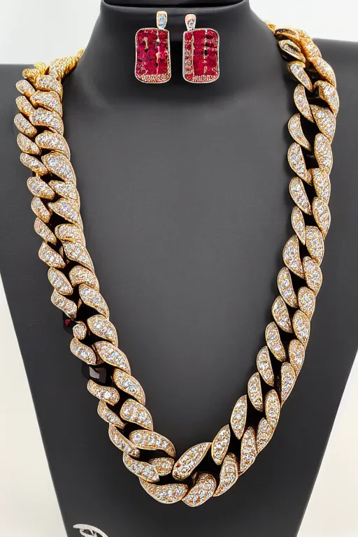 Prompt: miami cuban link chain with diamonds and rubies set in each link