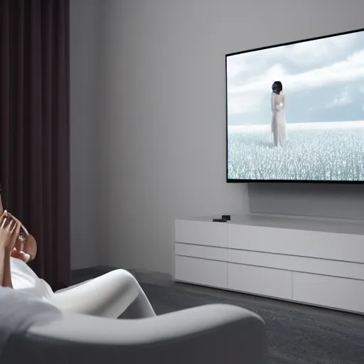 Prompt: a sad crying beautiful woman in a white dress watching netflix on a tv, holding a remote, 8 k, octane render, cgi