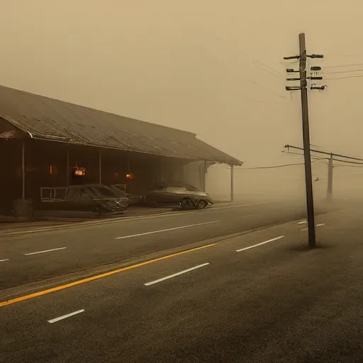 Prompt: highway restaurant with rustic architecture. cyberpunk style. apocalyptic style. photo. photorealistic. nebulous. fog.