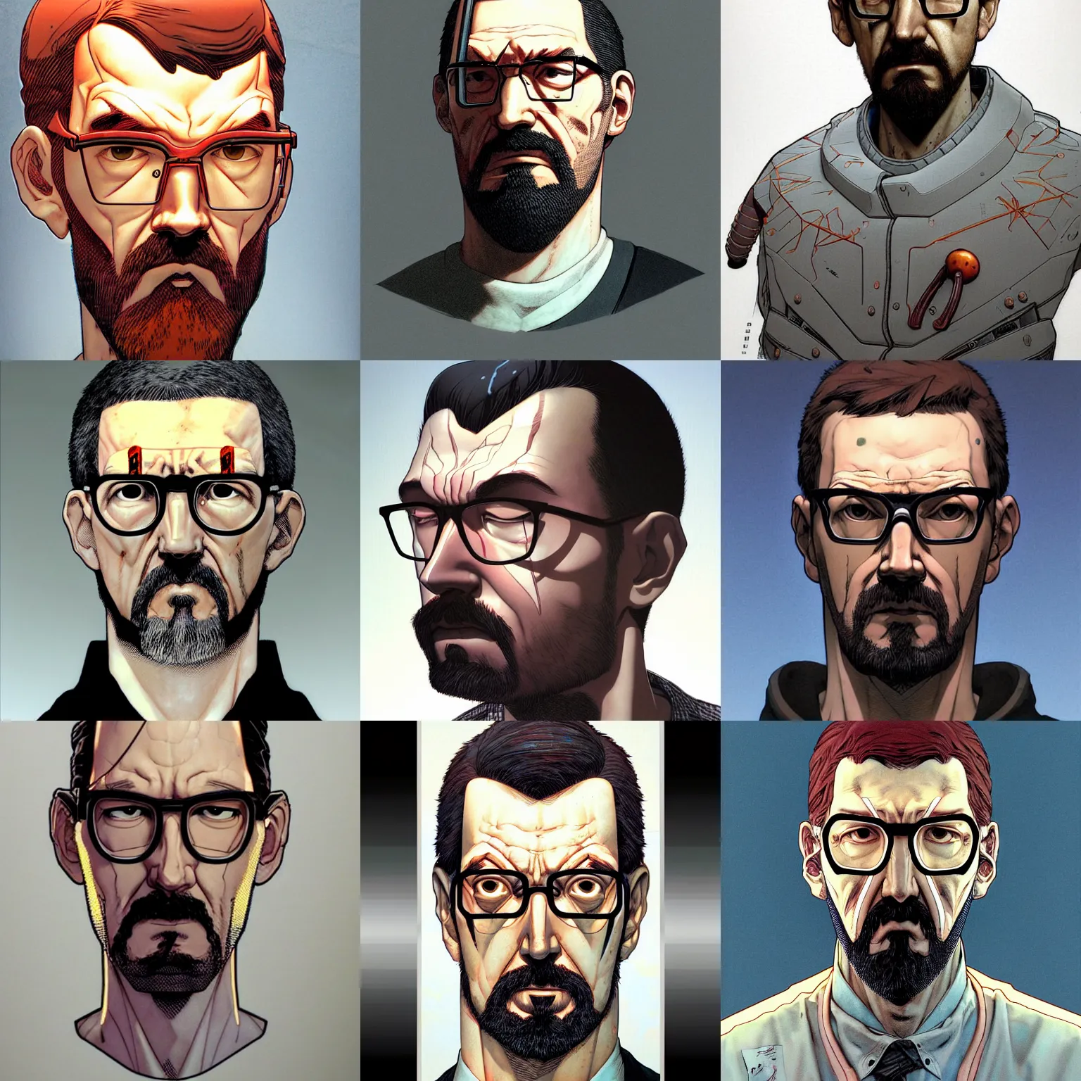 Prompt: 3 0 0 0 gordon freeman portrait soft light by james jean and katsuhiro otomo and erik jones, inspired by akira anime, smooth face feature, intricate high detail, sharp high detail, manga and anime