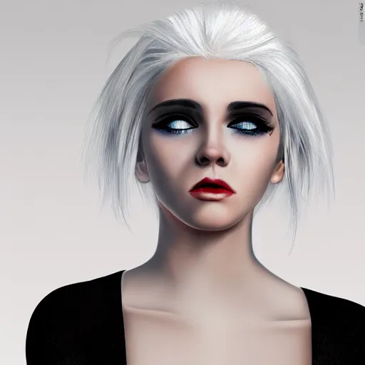 Prompt: Young woman, white hair, emo makeup, wearing dress, hyper realism, high detailed, 4k,