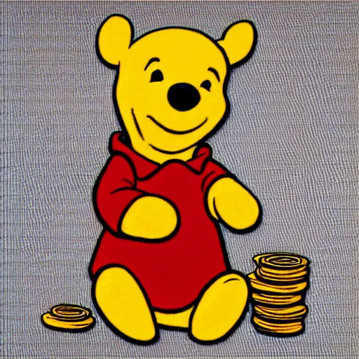 Prompt: winnie the pooh wearing a coogi sweater, fanning large amounts of dollar bills. in the style of cd cover art