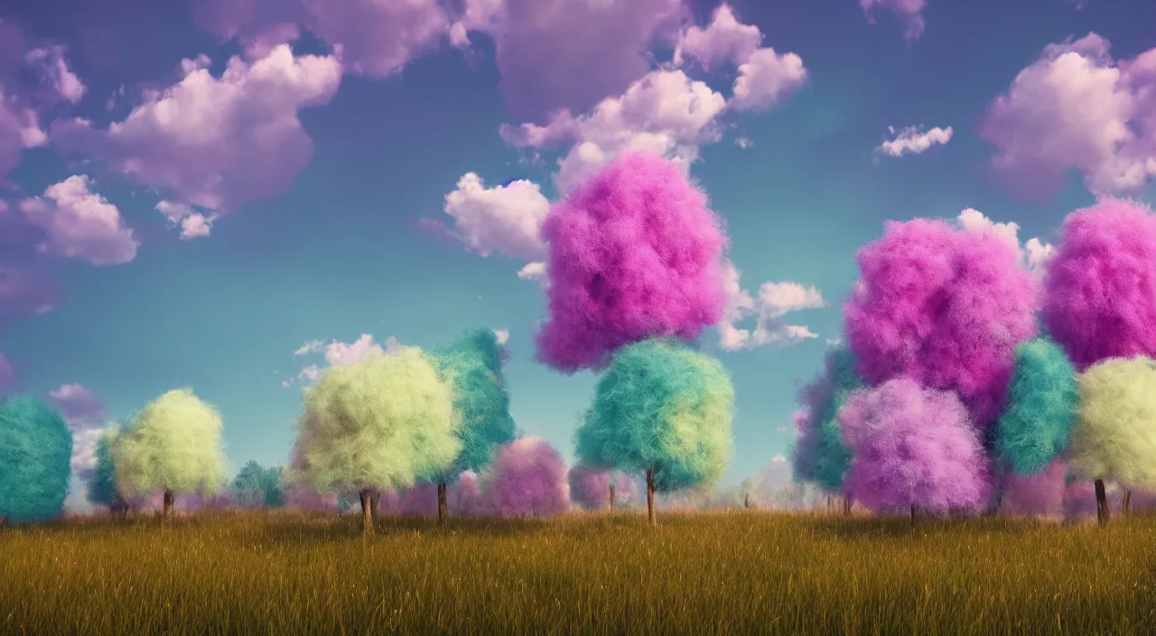 Prompt: Colorful fluffy trees in a meadow and cotton candy clouds, octane render, volumetric lighting, 4K