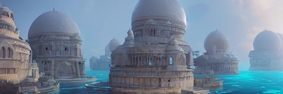 Image similar to a beautiful digital illustration of a domed underwater city by beeple | Byzantine architecture | cinematic | unreal engine | octane | photorealistic |