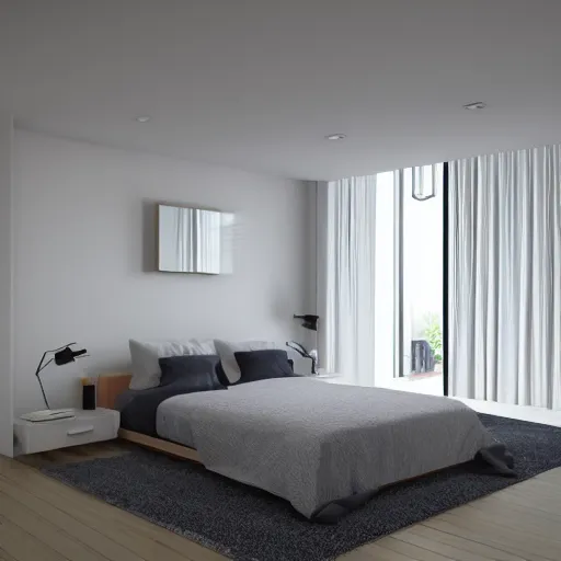 Prompt: Isometric 3D interior of a modern minimalist bedroom