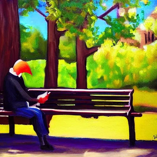 Prompt: man sitting on park bench next to the grim reaper peaceful oil painting by Linda DeScenna sunny afternoon