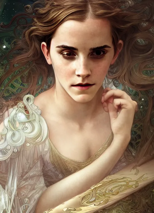 Prompt: Emma Watson as Godness of Sleep, cute, fantasy, intricate, elegant, highly detailed, digital painting, 4k, HDR, concept art, smooth, sharp focus, illustration, art by alphonse mucha,artgerm, H R Giger, beautiful detailed intricate insanely detailed octane render, 8K artistic photography, photorealistic,