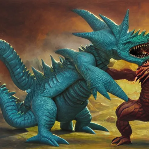 Image similar to tarrasque fighting a dracolich, oil painting