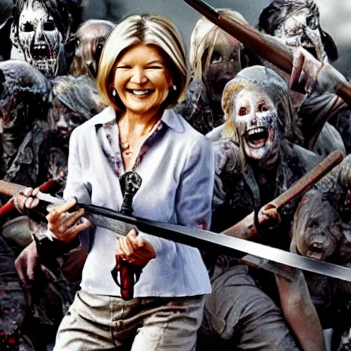 Image similar to Martha Stewart grinning while slaying an army of zombies with a samurai sword, realistic, photograph