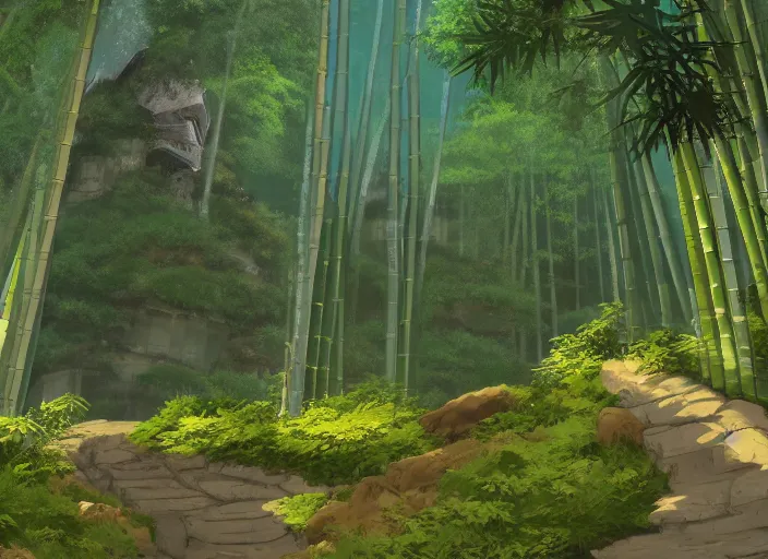 Prompt: deep in a japanese bamboo forest with waterfall on a hilly side, ancient ruined temple in distance, sunny, cartoony, anime style, mid day, realistic lighting, by ghibli studio, arcane, wild rift, trending on artstation, 4 k, hd