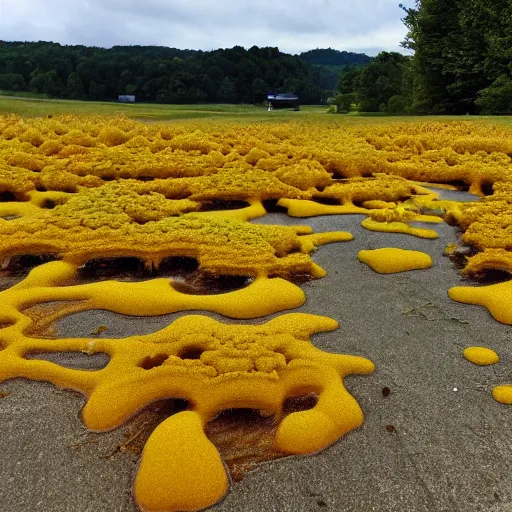 Prompt: fractal slime mold taking over a small town in rural West Virginia