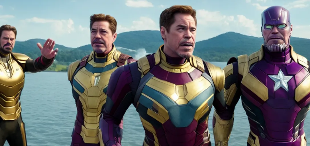 Image similar to a very high resolution image from a new movie. thanos waving at tony stark while capitan america watches on a lake, photorealistic, photography, directed by wes anderson