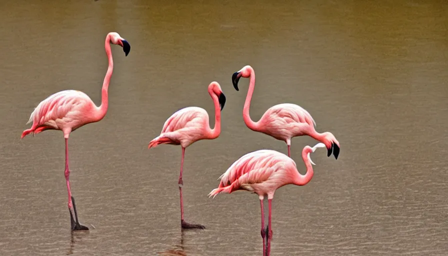 Image similar to flamingos in a stalinist style kitchen, by mini dv camera, very very low quality, heavy grain, very blurry, accidental flash, caught on trail cam