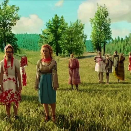 Image similar to a still from the movie midsommar made from a screenshot of the game okami