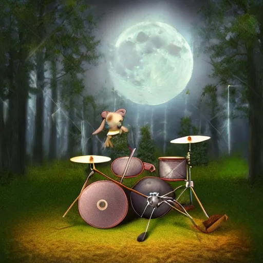 Image similar to mouse playing drums, fantasy forrest background, moonlight, digital art, detailed, medium shoot