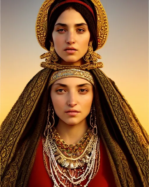 Prompt: photo of a gorgeous young bedouin woman wearing elaborate heavy baroque jewelry and headgear and rococo ornaments in the style of stefan kostic, realistic, sharp focus, symmetric, 8k high definition, insanely detailed, intricate, elegant, art by stanley lau and artgerm, William-Adolphe Bouguereau