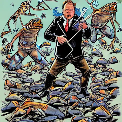 Image similar to Alex Jones killing thousands of frogs. illustration concept art in the style of Arthur Adams