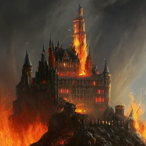 Image similar to Hyper detailed painting of a fantasy castle burning with a magical fire, smoke rising from the castle, dark clouds above, lightning, by Raphael Lacoste, trending on artstation
