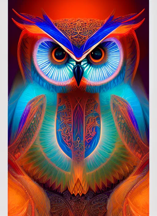 Image similar to symmetry!! product render poster vivid colors divine proportion owl, 神 圣, glowing fog intricate, elegant, highly detailed, digital painting, artstation, concept art, smooth, sharp focus, illustration,