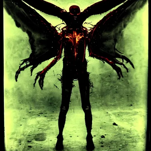 Image similar to a dark artistic photo of an alien creature with crazy wings, big budget horror, a polaroid photo, bleeding decaying colors!