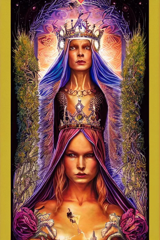 Prompt: beautiful tarot card of the queen of dreams by carol bak and dan mumford and alex grey, oil on canvas, intricate, border, symmetrical, portrait, 8k highly professionally detailed, HDR, CGsociety