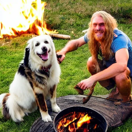 Image similar to photo of hillbilly with long blonde hair and an australian shepherd dog around a bonfire, symmetric face