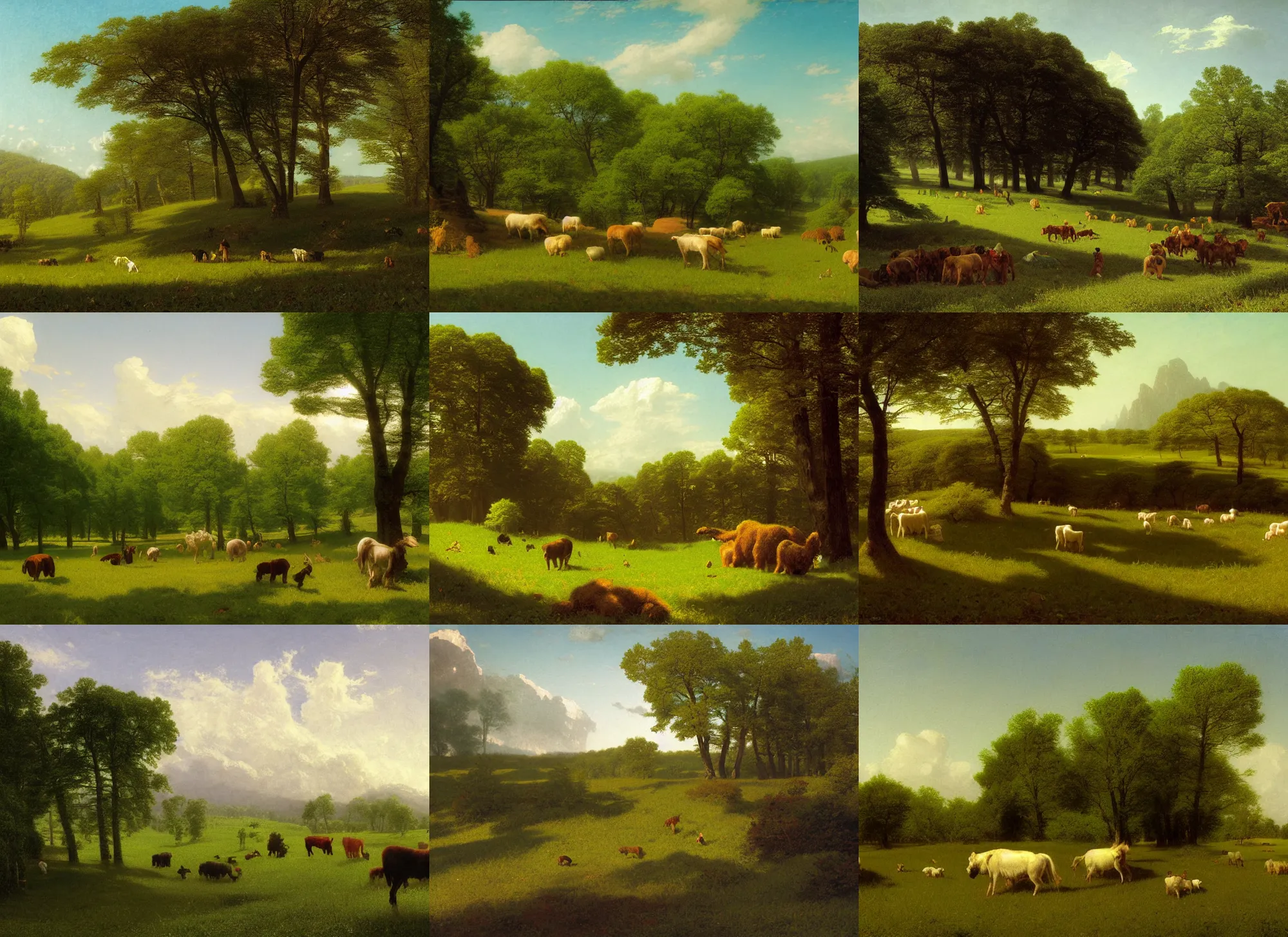 Image similar to tilt-shift green pasture, fuzzy clay creatures running around, Albert Bierstadt, Jim Burns, Edwin Church, Frederic Thomas Cole, Brown Durand, Asher David Friedrich, Caspar James Gurney, Johnson Heade, Martin Raphael Lacoste, Ted Nasmith, Andreas Rocha, Christophe Vacher