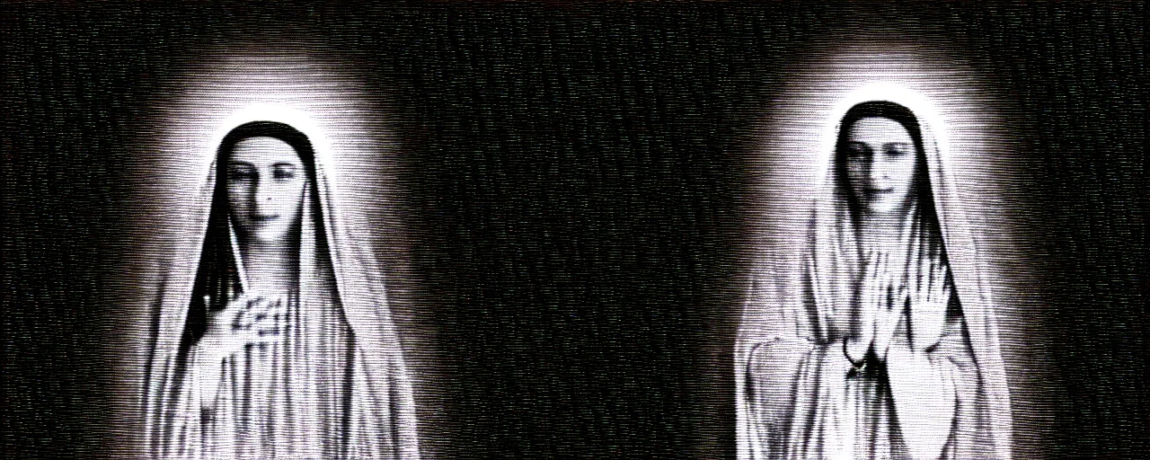 Image similar to vhs static overlay of marian apparition, vhs, 1 9 9 0, highly realistic, highly detailed, vhs noise static, black and white, vhs glitch